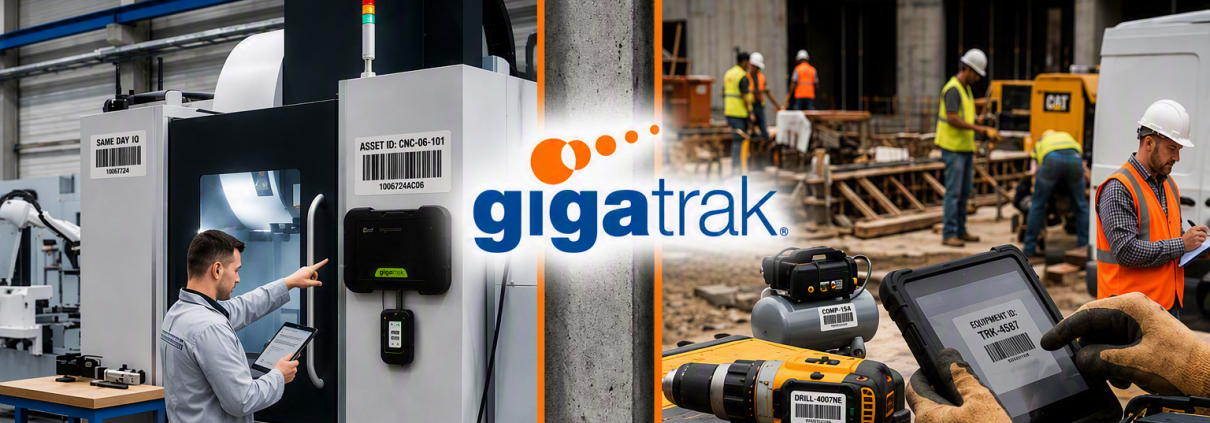 An SQUARE mage comparing fixed asset tracking, illustrated by a technician scanning a large industrial machine in a factory, and general asset tracking, shown by a worker in a safety vest using a barcode scanner on a power drill on a construction site, separated by the GigaTrak logo.
