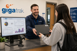 Educational asset tracking is better than ever with GigaTrak. GigaTrak's asset tracking system is used all over the world to ensure assets, like student laptops, have full visibility. GigaTrak lowers replacement costs for equipment. Picture of GigaTrak's CheckIn/CheckOut barcode technology being used to give a student a school issued laptop computer.