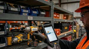 GigaTrak's high-end tool tracking software scanning a tool, giving the construction worker further accountability.
