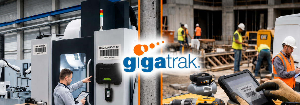 An image comparing fixed asset tracking, illustrated by a technician scanning a large industrial machine in a factory, and general asset tracking, shown by a worker in a safety vest using a barcode scanner on a power drill on a construction site, separated by the GigaTrak logo.
