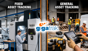Comparison between fixed asset tracking in a factory setting and general asset tracking on a construction jobsite with GigaTrak branding