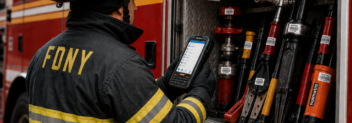 An FDNY firefighter holding a handheld mobile scanner to inspect GigaTrak barcode-tagged emergency equipment inside a fire truck compartment. GigaTrak's reliable Government Asset Tracking Software gives the firefighter and all other users full visibility of their tools and assets. In doing so, you save money by not having to replace lost equipment. An FDNY firefighter holding a handheld mobile scanner to inspect GigaTrak barcode-tagged emergency equipment inside a fire truck compartment. GigaTrak's reliable Government Asset Tracking Software gives the firefighter and all other users full visibility of their tools and assets. In doing so, you save money by not having to replace lost equipment. GigaTrak's Government Asset Management Software in full display and use.