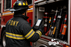 An FDNY firefighter holding a handheld mobile scanner to inspect GigaTrak barcode-tagged emergency equipment inside a fire truck compartment. GigaTrak's reliable Government Asset Tracking Software gives the firefighter and all other users full visibility of their tools and assets. In doing so, you save money by not having to replace lost equipment. GigaTrak's Government Asset Management Software in full display and use.