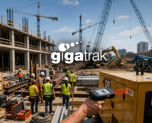 photo of happy employee using GigaTrak's asset tracking software to keep track of tools on a busy, but organized job site. GigaTrak asset tracking for contractors .