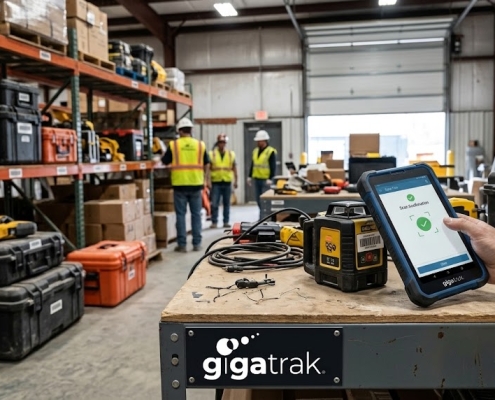 Photo shows a happy customer using GigaTrak's barcode technology to keep track of their fixed assets.