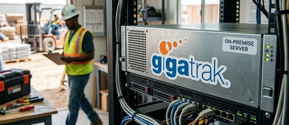 An-on-premise-server-rack-with-an-attached-GigaTrak-asset-tracking-sticker-sits-in-the-foreground-of-a-busy-construction-job-site.