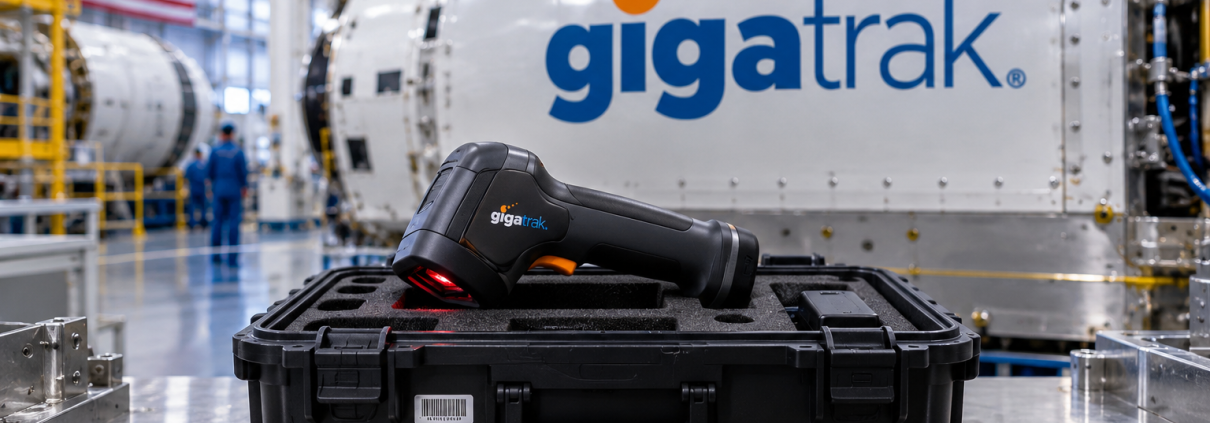 A barcode scanner and precision torque wrench rest on a workbench inside a modern aerospace manufacturing hangar. The GigaTrak logo is prominently displayed on a spacecraft component in the background, highlighting tool tracking in a high-tech industrial environment.