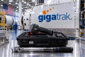 A barcode scanner and precision torque wrench rest on a workbench inside a modern aerospace manufacturing hangar. The GigaTrak logo is prominently displayed on a spacecraft component in the background, highlighting tool tracking in a high-tech industrial environment.