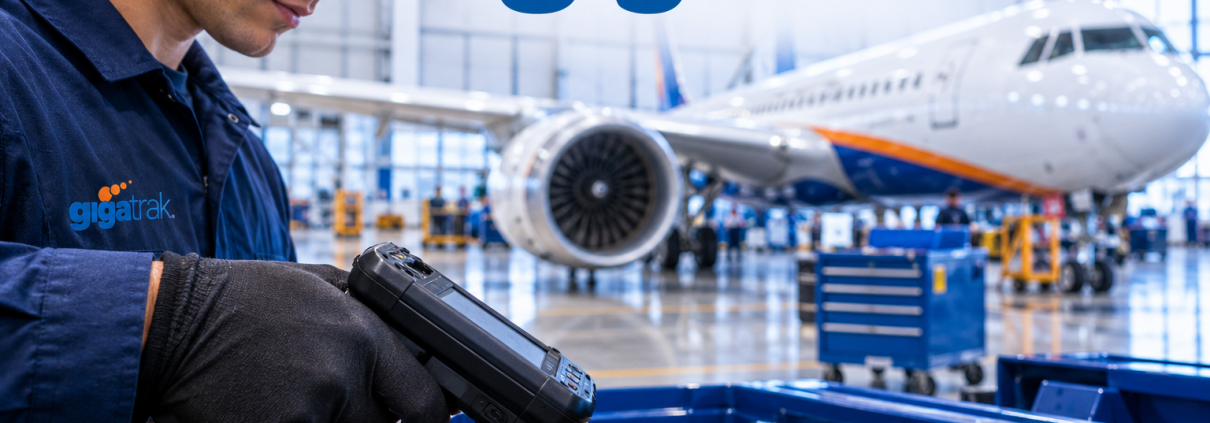 Aviation mechanic using a handheld barcode scanner to track a torque wrench in a commercial aircraft hangar, with GigaTrak branding prominently displayed. Aviation barcode tool tracking.