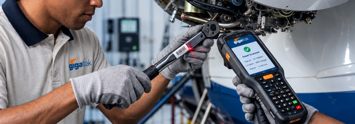 Aviation maintenance technician using GigaTrak barcode tool-tracking technology to scan a labeled torque wrench with a handheld scanner beside an aircraft engine in a hangar.