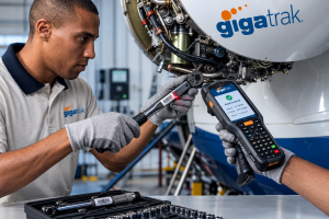 Aviation maintenance technician using GigaTrak barcode tool-tracking technology to scan a labeled torque wrench with a handheld scanner beside an aircraft engine in a hangar.