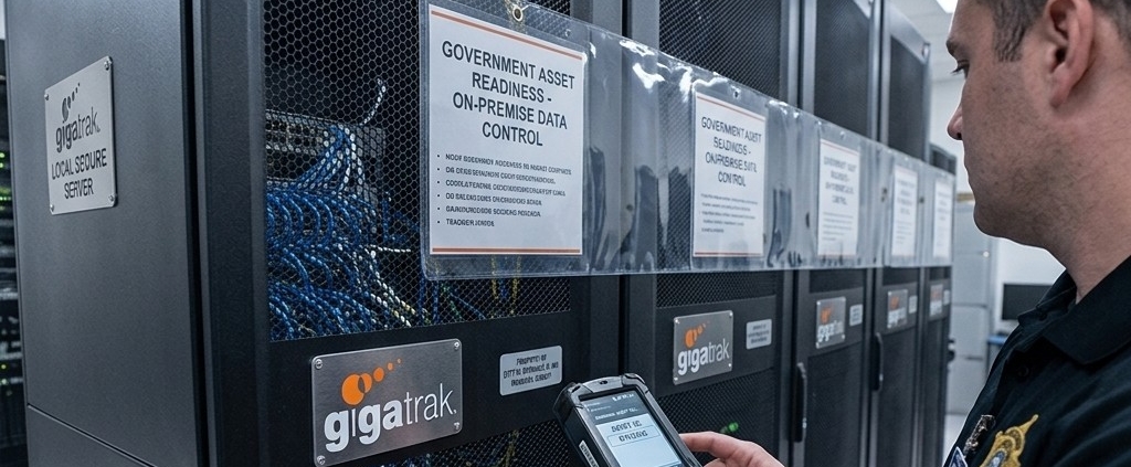 A government agency IT staff member using a rugged handheld barcode scanner in a secure server room, scanning an on-premise server rack prominently displaying a metallic GigaTrak logo badge.