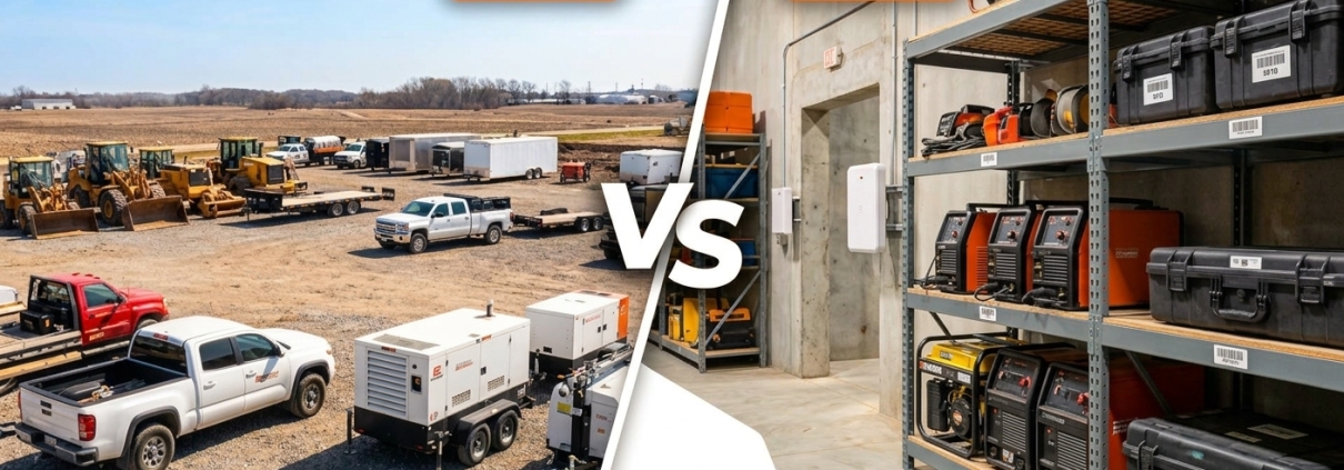 A side-by-side comparison image titled "GPS vs RFID." The left half shows an outdoor construction yard with white trucks, generators, and heavy machinery, labeled "GPS." The right half shows an indoor warehouse with metal shelves holding labeled tools, cases, and welding equipment, labeled "RFID." A diagonal divider with "VS" separates the two scenes, and the "gigatrak" logo is at the bottom right.
