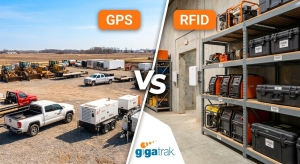 A side-by-side comparison image titled "GPS vs RFID." The left half shows an outdoor construction yard with white trucks, generators, and heavy machinery, labeled "GPS." The right half shows an indoor warehouse with metal shelves holding labeled tools, cases, and welding equipment, labeled "RFID." A diagonal divider with "VS" separates the two scenes, and the "gigatrak" logo is at the bottom right.